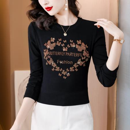 FA45668# 秋冬新款重工桃心蝴蝶花型字母烫钻圆领长袖棉t恤 服裝批發女裝批發服飾貨源