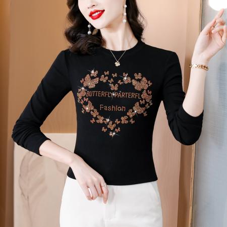 FA45668# 秋冬新款重工桃心蝴蝶花型字母烫钻圆领长袖棉t恤 服裝批發女裝批發服飾貨源