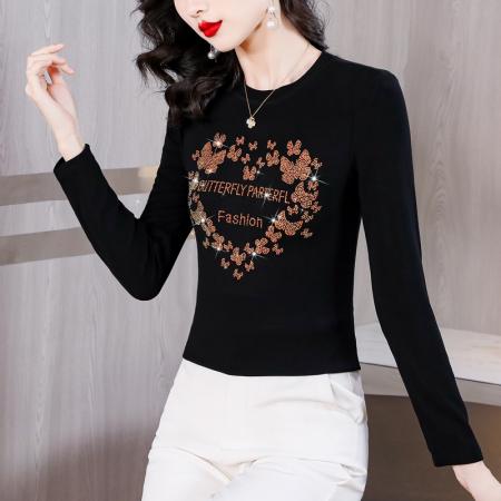 FA45668# 秋冬新款重工桃心蝴蝶花型字母烫钻圆领长袖棉t恤 服裝批發女裝批發服飾貨源