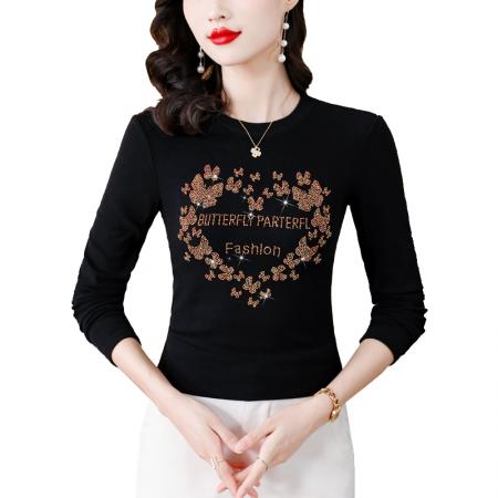 FA45668# 秋冬新款重工桃心蝴蝶花型字母烫钻圆领长袖棉t恤 服裝批發女裝批發服飾貨源