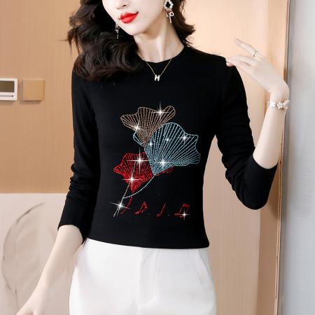 FA45669# 秋冬新款大码女装重工烫钻圆领长袖棉t恤洋气上衣女 服裝批發女裝批發服飾貨源
