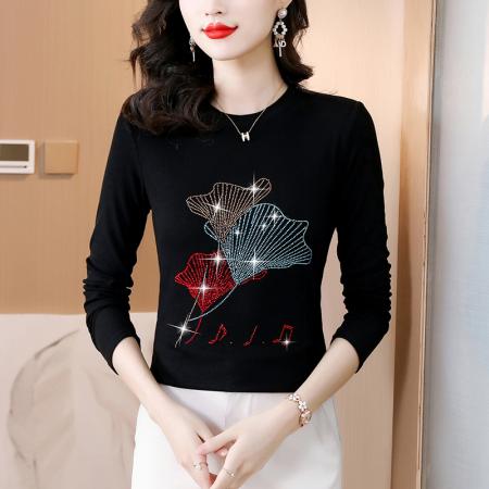 FA45669# 秋冬新款大码女装重工烫钻圆领长袖棉t恤洋气上衣女 服裝批發女裝批發服飾貨源