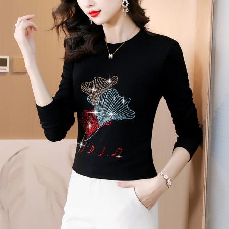 FA45669# 秋冬新款大码女装重工烫钻圆领长袖棉t恤洋气上衣女 服裝批發女裝批發服飾貨源