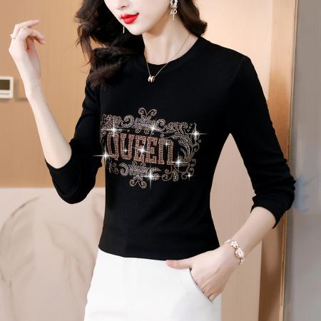 FA45670# 秋冬新款气质大码显瘦女装欧货重工烫钻圆领长袖棉t恤 服裝批發女裝批發服飾貨源