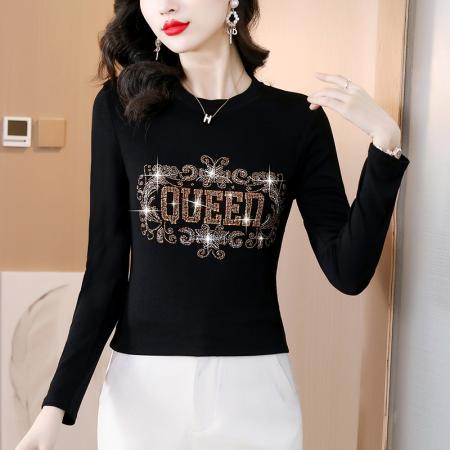 FA45670# 秋冬新款气质大码显瘦女装欧货重工烫钻圆领长袖棉t恤 服裝批發女裝批發服飾貨源