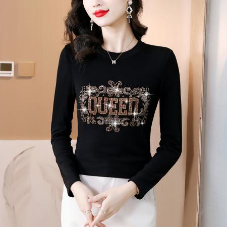 FA45670# 秋冬新款气质大码显瘦女装欧货重工烫钻圆领长袖棉t恤 服裝批發女裝批發服飾貨源