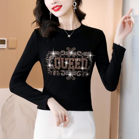 FA45670# 秋冬新款气质大码显瘦女装欧货重工烫钻圆领长袖棉t恤 服裝批發女裝批發服飾貨源