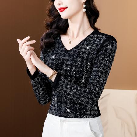 FA45671# 秋季新款高档重工烫钻圆形图案气质显瘦V领长袖棉T恤 服裝批發女裝批發服飾貨源