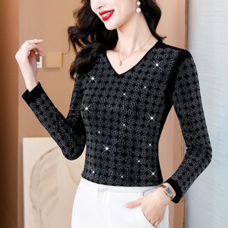 FA45671# 秋季新款高档重工烫钻圆形图案气质显瘦V领长袖棉T恤 服裝批發女裝批發服飾貨源