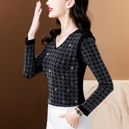 FA45671# 秋季新款高档重工烫钻圆形图案气质显瘦V领长袖棉T恤 服裝批發女裝批發服飾貨源