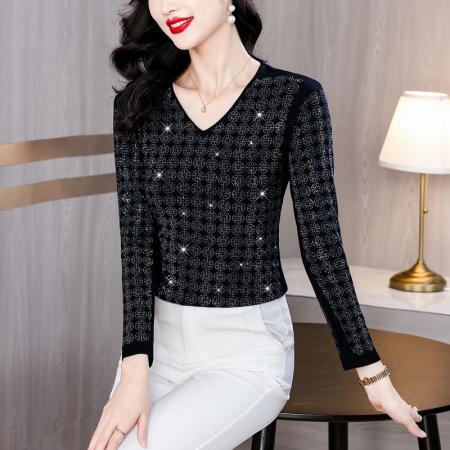 FA45671# 秋季新款高档重工烫钻圆形图案气质显瘦V领长袖棉T恤 服裝批發女裝批發服飾貨源