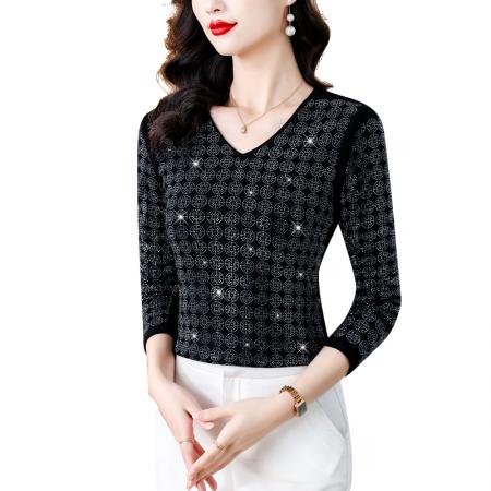 FA45671# 秋季新款高档重工烫钻圆形图案气质显瘦V领长袖棉T恤 服裝批發女裝批發服飾貨源