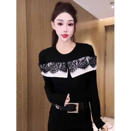 FA45673# 欧货圆领拼接蕾丝荷叶边长袖T恤女初秋爆款百搭显瘦减龄上衣 服裝批發女裝批發服飾貨源