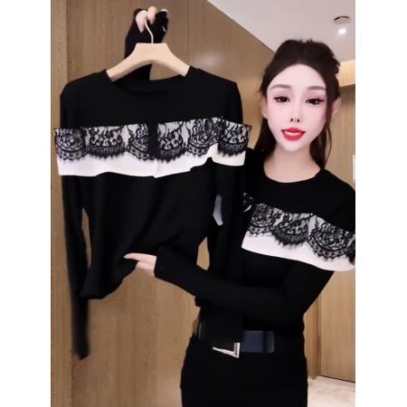 FA45673# 欧货圆领拼接蕾丝荷叶边长袖T恤女初秋爆款百搭显瘦减龄上衣 服裝批發女裝批發服飾貨源