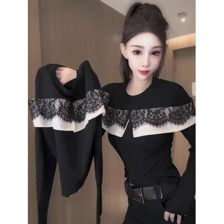 FA45673# 欧货圆领拼接蕾丝荷叶边长袖T恤女初秋爆款百搭显瘦减龄上衣 服裝批發女裝批發服飾貨源