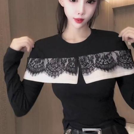 FA45673# 欧货圆领拼接蕾丝荷叶边长袖T恤女初秋爆款百搭显瘦减龄上衣 服裝批發女裝批發服飾貨源