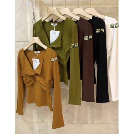 FA45675# 美式辣妹V领扭结修身长袖t恤女早秋新款独特别致小衫打底短款上衣 服裝批發女裝批發服飾貨源