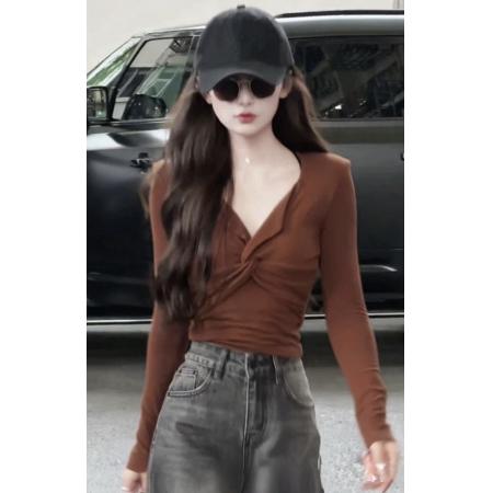 FA45675# 美式辣妹V领扭结修身长袖t恤女早秋新款独特别致小衫打底短款上衣 服裝批發女裝批發服飾貨源