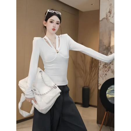 FA45676# 性感辣妹风德绒磨毛镂空长袖T恤秋季高级感修身显瘦打底衫上衣女 服裝批發女裝批發服飾貨源