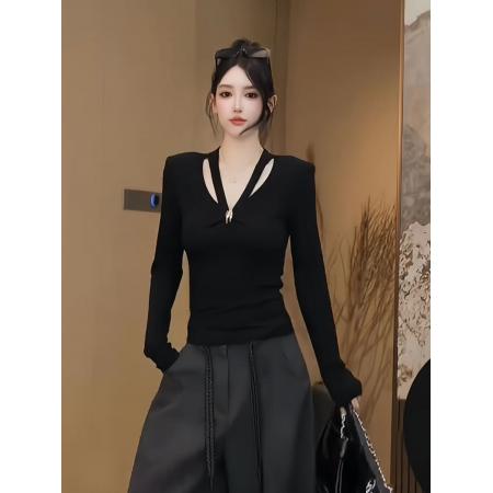 FA45676# 性感辣妹风德绒磨毛镂空长袖T恤秋季高级感修身显瘦打底衫上衣女 服裝批發女裝批發服飾貨源