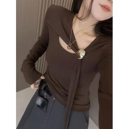 FA45678# 欧货简约风设计感长袖T恤女秋季新款修身显瘦不对称飘带上衣 服裝批發女裝批發服飾貨源