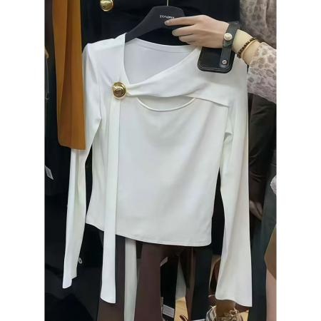 FA45678# 欧货简约风设计感长袖T恤女秋季新款修身显瘦不对称飘带上衣 服裝批發女裝批發服飾貨源