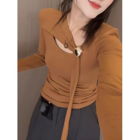 FA45678# 欧货简约风设计感长袖T恤女秋季新款修身显瘦不对称飘带上衣 服裝批發女裝批發服飾貨源