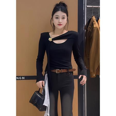 FA45678# 欧货简约风设计感长袖T恤女秋季新款修身显瘦不对称飘带上衣 服裝批發女裝批發服飾貨源
