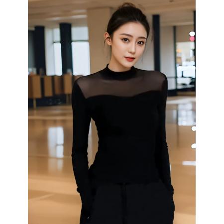 FA45679# 甜辣性感修身透视网纱拼接长袖T恤女加绒加厚内搭百搭上衣打底衫 服裝批發女裝批發服飾貨源
