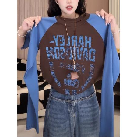 FA45680# 美式撞色机车字母印花长袖T恤女早秋新款显瘦百搭打底衫上衣 服裝批發女裝批發服飾貨源