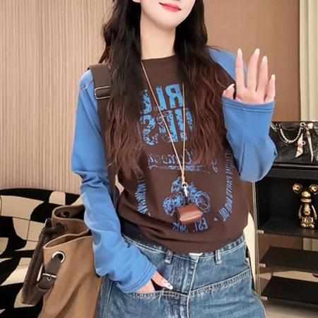 FA45680# 美式撞色机车字母印花长袖T恤女早秋新款显瘦百搭打底衫上衣 服裝批發女裝批發服飾貨源
