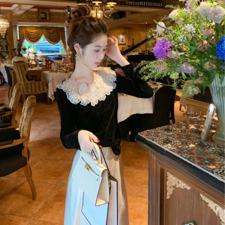 FA45681# 长袖t恤女新款早秋绝美巨好看的设计感小众女丝绒上衣打底衫 服裝批發女裝批發服飾貨源