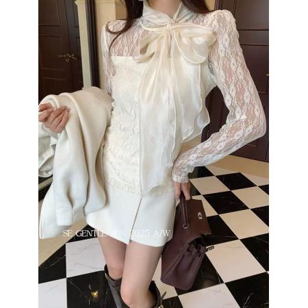 FA45682# 时尚飘带蕾丝衫秋季新款法式优雅针织气质显瘦百搭打底衫 服裝批發女裝批發服飾貨源