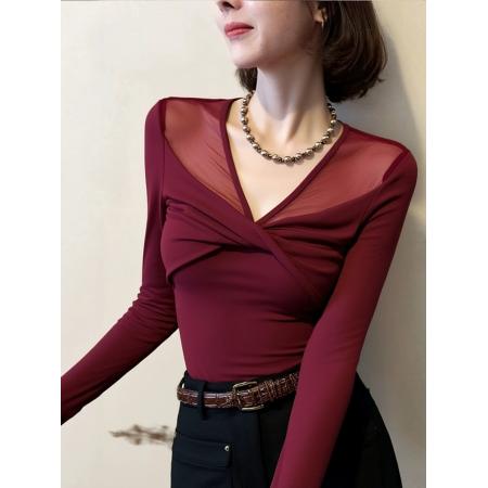 FA45684# 十三行秋新款时尚百搭纯欲辣妹蝴蝶V领网纱拼接长袖打底衫女 服裝批發女裝批發服飾貨源