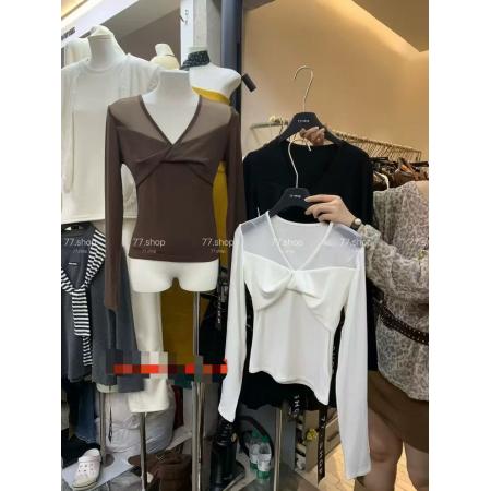 FA45684# 十三行秋新款时尚百搭纯欲辣妹蝴蝶V领网纱拼接长袖打底衫女 服裝批發女裝批發服飾貨源