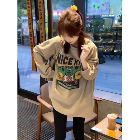 FA45685# 韩版休闲圆领卡通印花长袖T恤女秋季新款小众百搭中长款上衣 服裝批發女裝批發服飾貨源