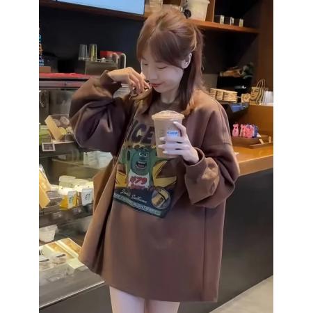 FA45685# 韩版休闲圆领卡通印花长袖T恤女秋季新款小众百搭中长款上衣 服裝批發女裝批發服飾貨源