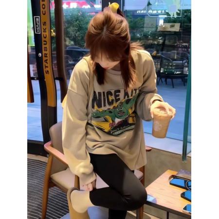 FA45685# 韩版休闲圆领卡通印花长袖T恤女秋季新款小众百搭中长款上衣 服裝批發女裝批發服飾貨源