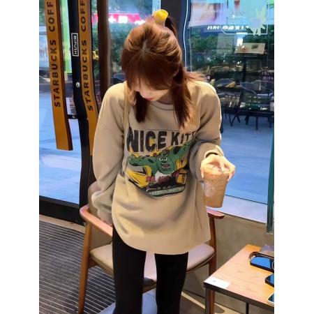 FA45685# 韩版休闲圆领卡通印花长袖T恤女秋季新款小众百搭中长款上衣 服裝批發女裝批發服飾貨源