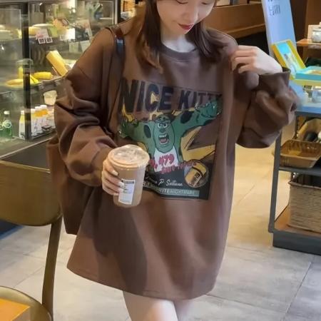 FA45685# 韩版休闲圆领卡通印花长袖T恤女秋季新款小众百搭中长款上衣 服裝批發女裝批發服飾貨源