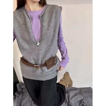 FA45686# 欧货秋季V领无袖羊毛针织马甲女叠穿宽松休闲长袖T恤两件套套装 服裝批發女裝批發服飾貨源