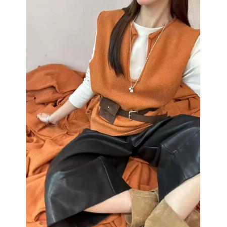 FA45686# 欧货秋季V领无袖羊毛针织马甲女叠穿宽松休闲长袖T恤两件套套装 服裝批發女裝批發服飾貨源
