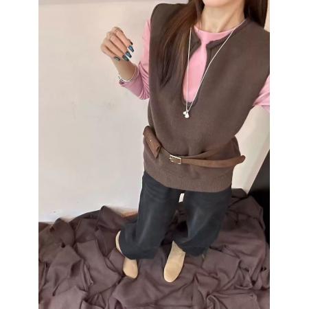 FA45686# 欧货秋季V领无袖羊毛针织马甲女叠穿宽松休闲长袖T恤两件套套装 服裝批發女裝批發服飾貨源