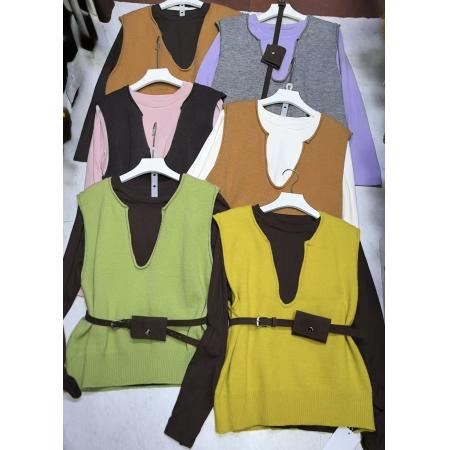 FA45686# 欧货秋季V领无袖羊毛针织马甲女叠穿宽松休闲长袖T恤两件套套装 服裝批發女裝批發服飾貨源