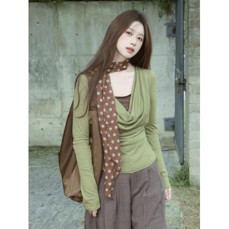 FA45688# 高级感假两件长袖t恤女韩系早秋穿搭针织打底衫修身显瘦荡领上衣 服裝批發女裝批發服飾貨源