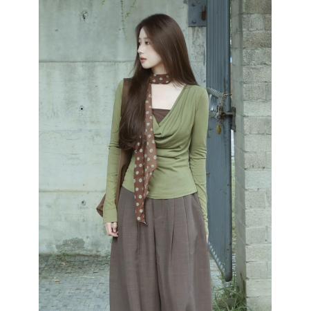 FA45688# 高级感假两件长袖t恤女韩系早秋穿搭针织打底衫修身显瘦荡领上衣 服裝批發女裝批發服飾貨源