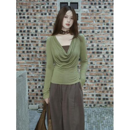 FA45688# 高级感假两件长袖t恤女韩系早秋穿搭针织打底衫修身显瘦荡领上衣 服裝批發女裝批發服飾貨源