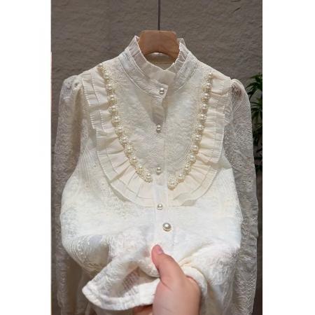 小香风荷叶边泡泡袖蕾丝衬衫女秋冬半高领宫廷上衣高级感钉珠衬衣 服裝批發女裝批發服飾貨源