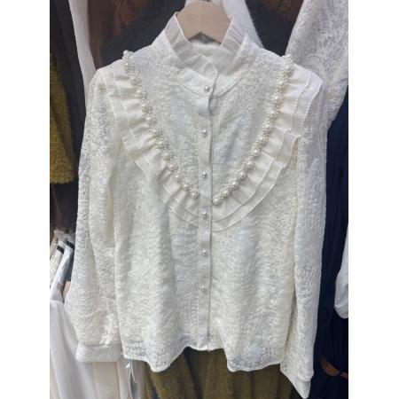 小香风荷叶边泡泡袖蕾丝衬衫女秋冬半高领宫廷上衣高级感钉珠衬衣 服裝批發女裝批發服飾貨源