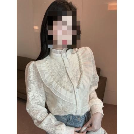 小香风荷叶边泡泡袖蕾丝衬衫女秋冬半高领宫廷上衣高级感钉珠衬衣 服裝批發女裝批發服飾貨源